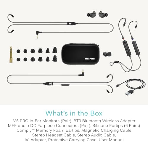 MEE audio M6 PRO Musicians' In-Ear Monitors Wired + Wireless Combo Pack: Includes IEMs, 2 Audio Cables and BT3 Hi-Res Bluetooth Audio Adapter w/aptX, LDAC, Auracast Support, & Built-In Headset (Black) - color: Black, style: IEMs + Bluetooth Adapter