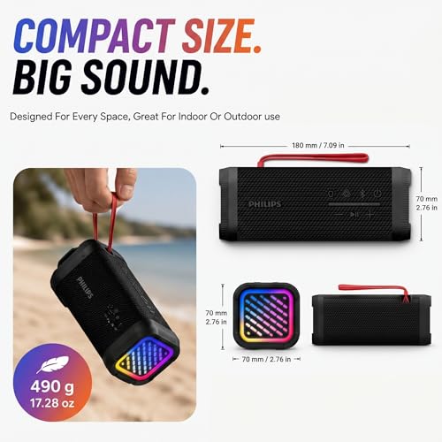 PHILIPS Portable Bluetooth Speaker, Wireless Stereo Sound Party Speaker with Deep Bass, IPX5 Waterproof, 20 Hour Playtime, Auracast & TWS Pairing, USB Playback, Bluetooth 5.4 for Outdoor & Indoor Use