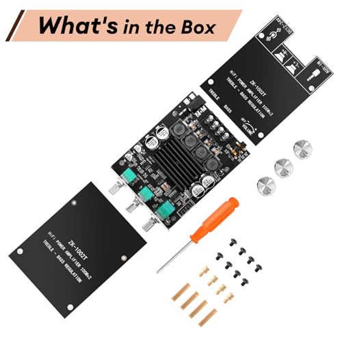 Daakro ZK-1002T Bluetooth Amplifier Board,100W+100W 2.0 Channel Amp Board with Treble/Bass Control,DC 12-24V, Bluetooth and AUX Inputs, Audio Amp Board for Home DIY Wireless Speakers, Password Free - color: ZK-1002T