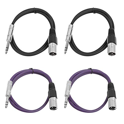 Seismic Audio - SATRXL-M2-4 Pack of 2 Foot 1/4 Inch TRS to XLR Male Patch Cables - Balanced - 2 Foot Patch Cord - Black and Purple - color: Black and Purple