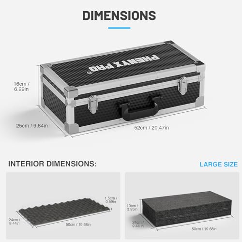 Phenyx Pro Carrying Case with Customizable Pre-Diced Foam Foam PCSE-L | Aluminum Alloy Sturdy Build, 2-layer Form, Protective Gear Storage, Wireless Mic Systems, Camera Gear, Equipment Transport - size: Large (20.3×10×5.9 Inch)