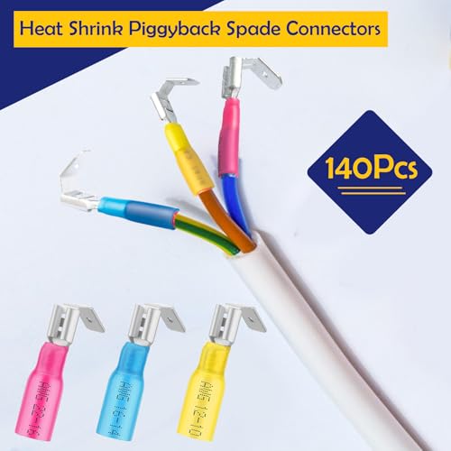 smseaces 140Pcs Heat Shrink Piggy Back Spade Connectors 22-10AWG 6.3mm(1/4") Piggyback Wire Connectors for Automotive,Audio Systems,Household Appliances Double Spade Connector - style: Heat Shrink Connectors