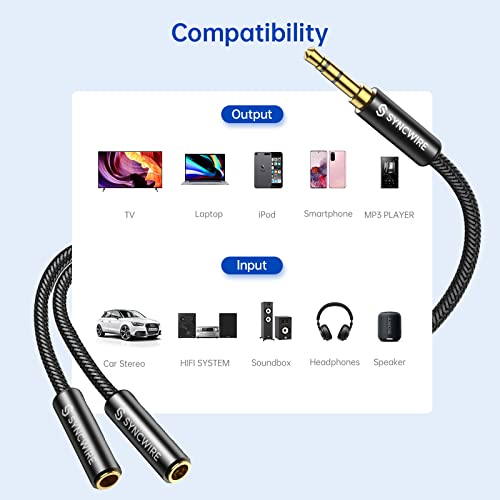 Headphone Splitter, Syncwire Nylon-Braided 3.5mm Extension Cable Audio Stereo Y Splitter (Hi-Fi Sound), Male to 2 Ports Female Headset Splitter for Apple, Samsung, Tablets & More (No Mic) | Extension Cable Audio Stereo Y Splitter (Hi-Fi Sound), Headset Sp