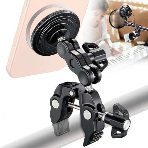 Magnetic Phone Holder for Mic Stand, 360° Rotatable Phone Mount with Clamp | All-Metal Clip Phones Mount for Microphone & Music Stands, Compatible with Magsafe & iPhone 17/16/15/14/13/12