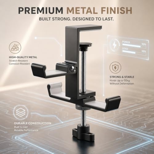 JAKO Headphone Stand for Desk, 3 Hooks Aluminum Alloy Headphone Holder (1 Foldable+2 Fixed) Space Saving Headset Stand Hook, Universal Fit PC Gaming Headsets Holder Desk Clamp for Office/Game Table - color: Black