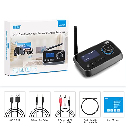 August MR280 Bluetooth 5.0 Audio Transmitter Receiver | Dual Connection for TV Headphones and Hifi Speakers, Multipoint, Low Latency, Stereo, Volume Control, Optical RCA Jack 3.5mm