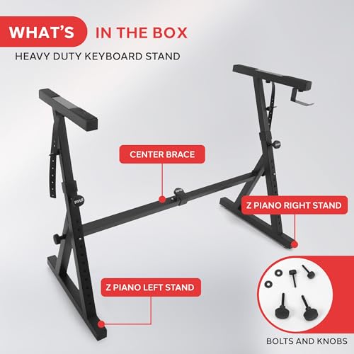 Pyle Heavy Duty Folding Keyboard Stand - Sturdy Reinforced Z Design w/ Adjustable Width & Height, Foam Padded Arms, Digital Piano Stand, Fits 54-88 Key Electric Pianos & Used for Travel & Storage