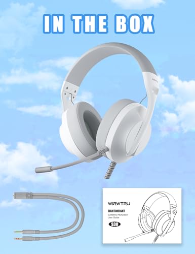 WIRWTRU Wired Gaming Headset for PS5, Xbox, Xbox Series X|S, PC, PS4 | 198g Lightweight Design, Noise Cancelling Microphone, Soft Earmuffs, 3.5mm Jack for Gaming & Work - color: White&Grey