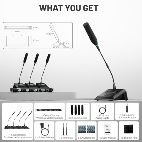 Phenyx Pro 4-Channel Auto Scan Wireless Conference Microphone System PTC-4 | 4 x 50 Frequencies, 328 ft Range, IR Sync, 4 Gooseneck Mics for Lectures, Church, Meeting, Conference Rooms,Public Speaking
