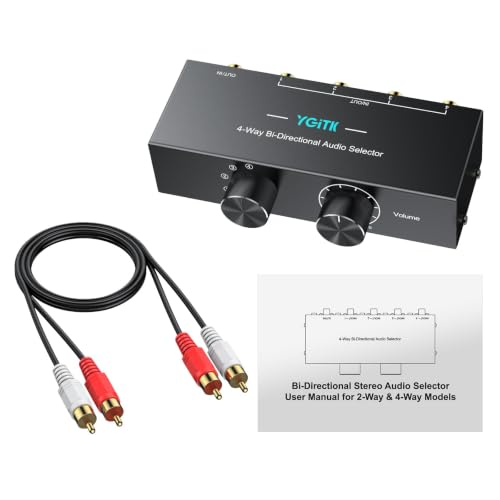 4-Way Stereo Audio Switcher 4-in-1/1-in-4-Out Bi-Directional for Speaker | YGiTK 3.5mm Aux&RCA L/R Audio Switch Selector Box with OFF Button, 1.5m/4.9ft RCA Cable for Headphones, Amplifiers, Computer - size: 4-Way