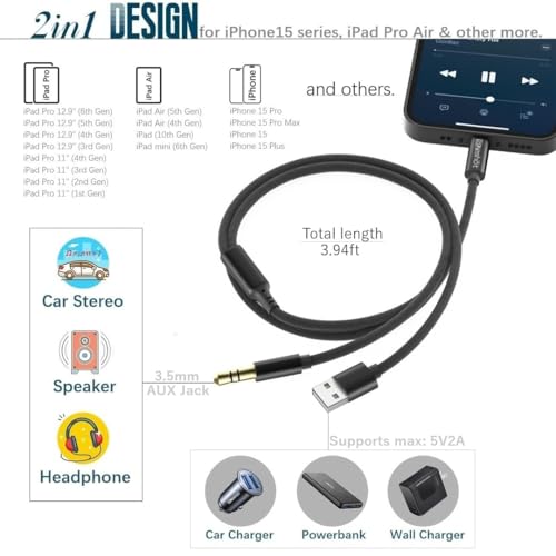 sunshot USB C to Aux Cord, USB C to 3.5mm Audio Aux Jack and USB Charging Cable, Headphone Stereo Cord, Compatible with iPhone 15 16 Pro Max Plus, iPad Pro, Galaxy S23 S22 S21 S20 Ultra, Pixel, 4Ft