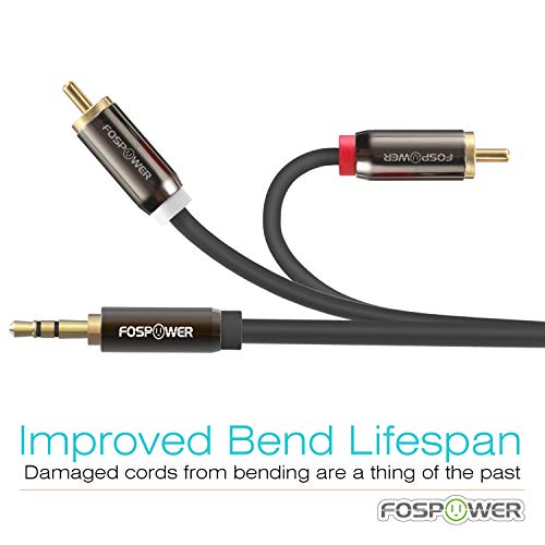 FosPower (6FT 3.5mm to 2 RCA Male Stereo Audio Cable Y Splitter Aux Cord | 3.5mm 1/8 to 2RCA male audio cable with 24K gold-plated connectors for HiFi sound on phone, HDTV, speakers & receivers. - size: 6 Feet