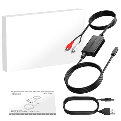 AUTOUTLET 192KHz SPDIF to RCA Converter, 6FT/1.8M Digital to Analog Audio Converter, Built-in Amplifier, 0.7m RCA Cable, Plug and Play, Optical/Toslink to RCA Converter for HDTV, DVD and Game Console