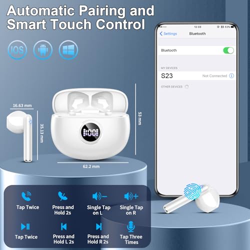 Wireless Earbuds, Bluetooth Headphones, Stereo Bass Ear Buds with ENC Noise Cancelling Mics, Bluetooth Earbuds with LED Display Charging Case, IP7 Waterproof Earphones for Android iOS/Light white - color: light white