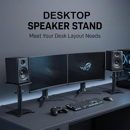 Height Adjustable Desktop Speaker Stands 1 Pair, Metal Desktop Studio Monitor Speaker Stands Bookshelf Speaker Stands 360° Swivel, 62lbs Load, Ideal for Recording Studio, Home Office & Gaming