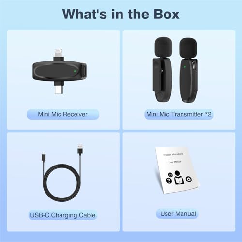 Wireless Microphone for iPhone 16 15 14 13 Android, Dual Mini Mic with AI Noise Cancelling, USB-C & Lightning Receiver, Plug-Play Clip-on Mic for YouTube Vlog TikTok, Ideal Tech Gift for Creators