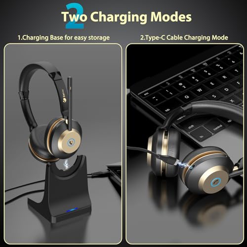 Earbay 5.3 Bluetooth Headset, Wireless Headset with Noise Canceling Mic & USB Dongle, 50Hrs Wireless Headphones with Mic Mute & Charge Dock, for Calls, Perfect for PC, Laptop, Phone, Teams and Zoom