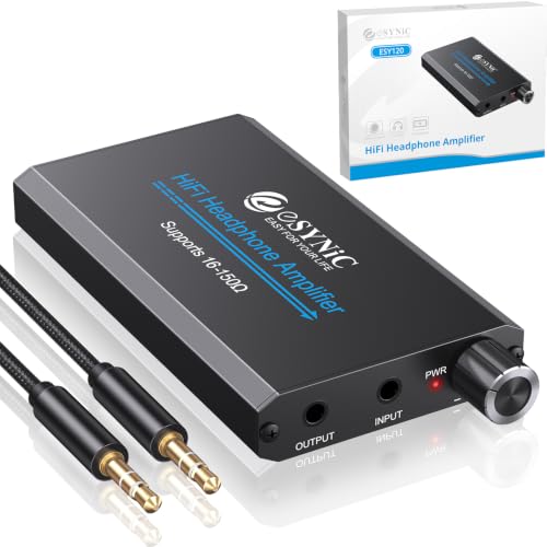 eSynic Rechargeable 16-150Ω Headphone AMP Poratble-3.5MM Audio in & Out | Metal Case Headphone Amplifier with Volume Control-2-Stage Gain Switch Function- 12h Playtime-For Car/MP3&4/Phone/PC/Laptop