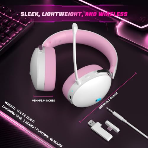 Acer Gaming Headset with Aluminum Frame for PS5, PS4, PC, Switch -PinkWhite | Tri-Mode(2.4GHz/Bluetooth/Wired) Gaming Headphones with ENC Mic, Stereo Sound, 40H Battery, Blue Light Indicator, 50mm Driver - color: PinkWhite