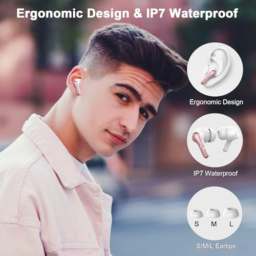 2026 Wireless Earbuds, Bluetooth 5.4 Headphones HiFi Stereo, 50H Playtime | In-Ear Headphones with ENC Noise Cancelling Mics, IP7 Waterproof Wireless Headphones, Earbuds for Android iOS, LED Display - color: Bright Rose Gold
