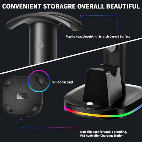 PS5 Controller Charging Dock with RGB Headphone Stand | 2-in-1, Dual USB Fast Charging Station, RGB LED Gaming Headset Stand, Multi-Functional Gaming Accessories