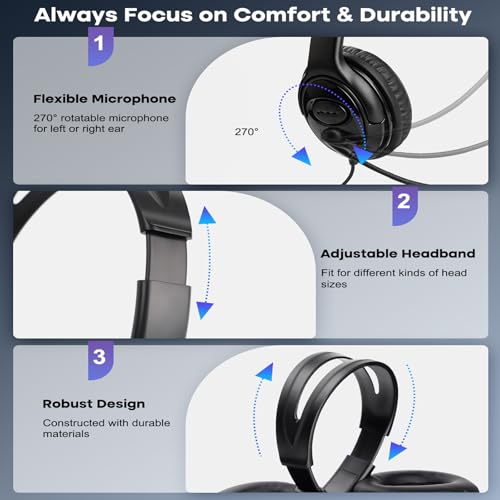 MKJ USB-A Wired Headset with Mic for PC, Computer Headphones for Office | Noise Canceling Microphone, Call Center Laptop Headset , Volume Control, Compatible with Ms Teams Zoom Webex, Online Meeting