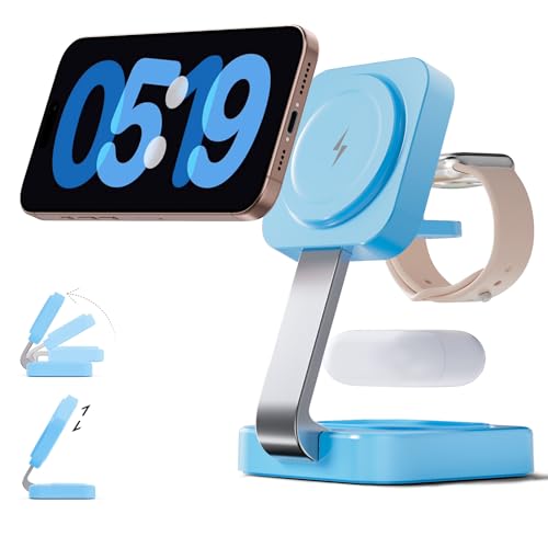 RYND 2026 Traveling Wireless Magnetic Fast Charging Station,3 in 1 Charger with i Phone 17 16 15 14 13 12 Pro Max Plus,Apple Watch Series & Air pod 4 3 2 Pro-Gifts for Wife & Husband(Blue) - color: BLUE
