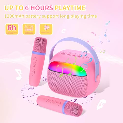 Mini Karaoke Machine with 2 Wireless Microphones for Kids Portable RGB Bluetooth Speaker Birthday Gift Toys for 3 4 5 6 7 8+ Year Old Girls Boys - color: Pink