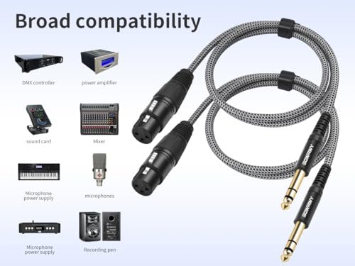 2 Pack XLR Female to 1/4 TRS Cable 3FT – Braided Balanced Audio Cord, 3-Pin XLR Female to 6.35mm TRS Male Microphone Cable for Mixer, Active Speakers, Studio Equipment