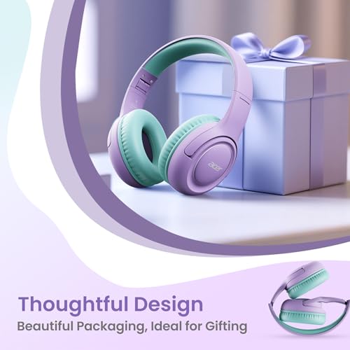 Acer USB‑C Kids Headphones for School, 85‑94dB Limiter, w/Mic HK03C | Foldable Wired Over Ear Headphones, for Toddler School/Travel/iPad/Tablet, Purple‑Green - color: USB-C Green-Purple