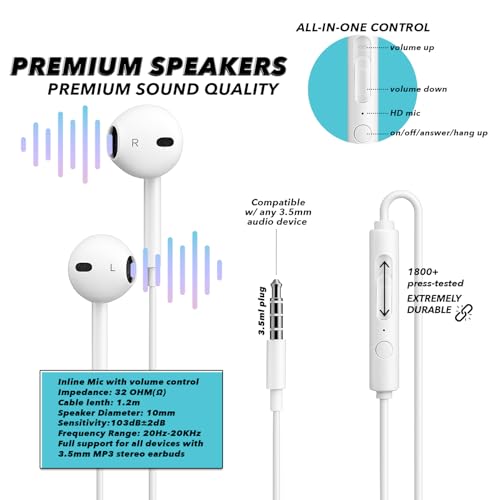 Wired Earbuds with Microphone, 3.5mm in‑Ear Headphones with Inline Volume Control, Plug‑in Earphones for Laptops, Tablets, and Phones – White - size: Pack of 1