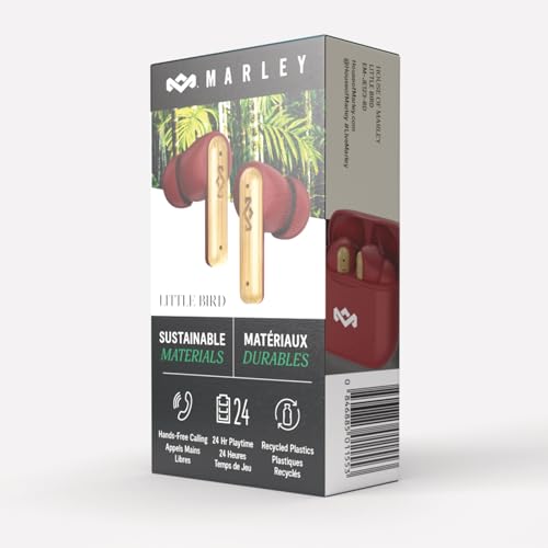 House of Marley Little Bird True Wireless Earbuds, Touch Controls, Built-in Mic, 24 Hours Playtime with Case, USB-C Quick Charge, Sustainable Materials, Movie and Gaming Mode (Red) - color: Red