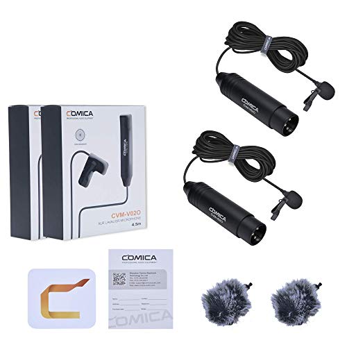 COMICA XLR Microphone CVM-V02O 2 Pack 14.76 fts Phantom Power Omni-Directional Lavalier Lapel Microphone for Canon Sony Panasonic Camcorders Zoom H4n H5 H6 Tascam DR-40 DR-60D DR-70D DR-100 Recorders