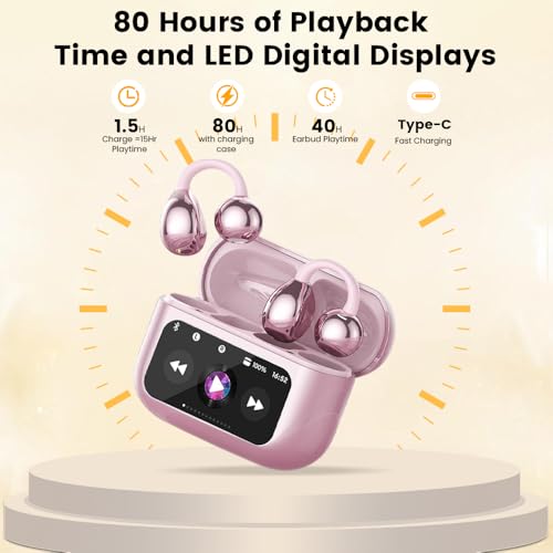 Clip On Ear Headphones, Open Ear Earbuds Wireless Bluetooth 5.4, Clip On Earbuds with LCD Touchscreen, Lightweight Comfort Open Ear Headphones for Pad Tablet Laptop Android/iOS Phones (Pink) - color: Pink