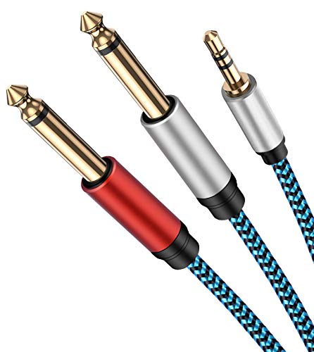 1/8 to 1/4 Stereo Cable, Nylon Braided 3.5mm to 1/4 Cable & Adapter Cord, TRS to Dual 6.35mm TS Unbalanced Breakout Wire for Laptop, Mixer, Amp - 6.6 Ft