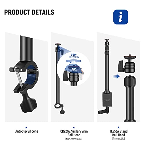 NEEWER Camera Desk Mount with Overhead C Amera Mounting Arm and 1/4" Ball Head, 17" - 41" Adjustable Tabletop Light Stand with C Clamp for DSLR Camera, Ring Light, Webcam, Photo Video Shooting - style: TL253A+CR221A