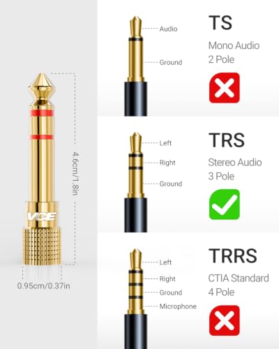 VCE 3.5mm to 1/4 Adapter Stereo Headphone Adapter, 24K Gold-Plated, 2-Pack, White and Red - color: White and Red