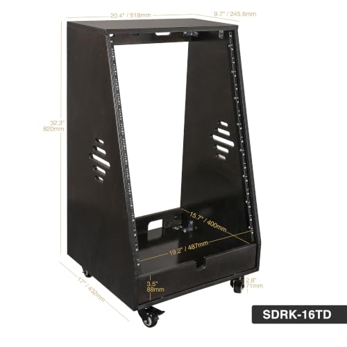 Sound Town DIY 16U Slanted Studio Rack with 2U Lower Storage, Casters, for Home Studio and Recording Room, Baltic Birch Plywood, Black Espresso (SDRK-16TD) - size: 16U,Black Espresso