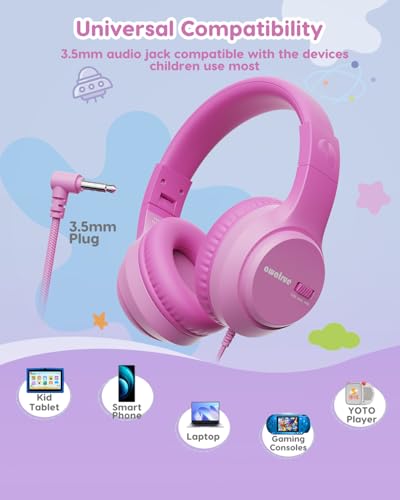 awatrue Kids Headphones for School, 74‑85‑94dB, 3.5mm Jack, HK07 | Foldable Wired Over Ear Headphones, for Toddler School/Travel/iPad/Tablet, Pink - color: Pink