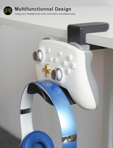 Headphone Holder Hanger Upgraded with Rotating & Adjustable Clamp for Controller & Headphones, Headset Stand Under Desk Hook Mount Built in Cable Clip