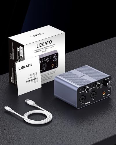 LEKATO USB Audio Interface, 24-bit/192kHz Audio Interface with XLR, 48V Phantom Power for Smartphone Computer Recording, Streaming, Guitar, Music Production, Podcast