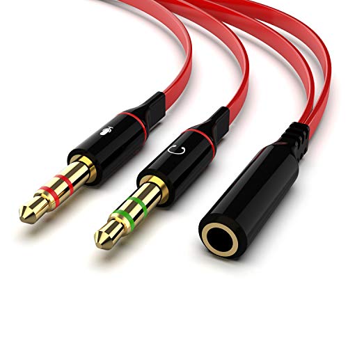 Maeline Headphone Splitter Adapter, 3.5mm Mic Cable for Computer, Headset 3.5mm Female to 2 Dual Male Microphone Audio Stereo Jack Earphones Port to Gaming Speaker PC - Red