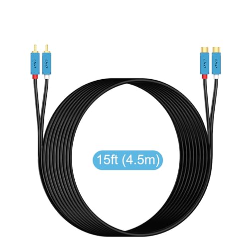 J&D 2 RCA Extension Cable, Gold Plated 2 RCA Male to Female Stereo Audio Extension Cable with Heavy Duty Aluminum Alloy Shell, 15 Feet - size: 15 Feet