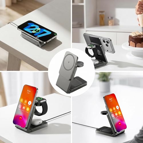 3 in 1 Charging Station for Apple, Wireless iPhone Charging Station for Multiple Devices, Foldable Magnetic Mag-Safe Charging Station for iPhone 17/16/15/14/13/12/pro/pro max,Apple Watch,AirPods