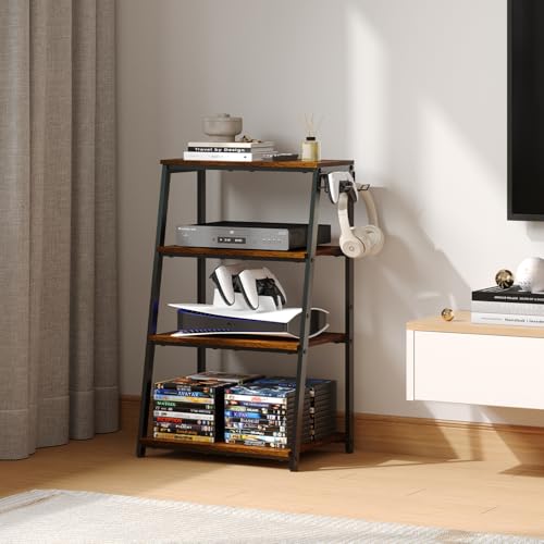 4-Tier AV Media Stand with 2 Hooks,Heavy Duty Stereo Cabinet Furniture-Large Stereo Rack and Game Console Stand,Wooden Record Player Stand,Audio Stand Perfect for DVD Players/Game Console/TV Box/Xbox - style: Regular