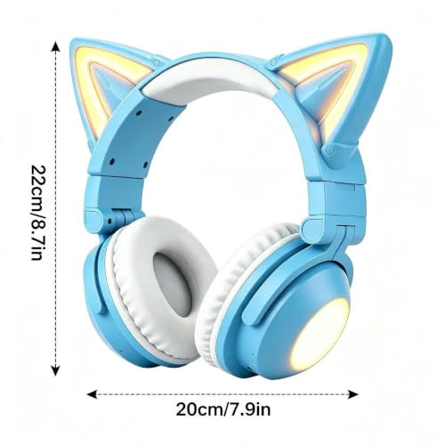 Cat Ear Headphones with Microphone,Gaming Headset,LED Lights | Bluetooth Over Ear Headphones,Dual Mode Wireless & Wired Headphones,Compatible with Phone/PC/Tablet/TV,Foldable,Blue - color: Blue