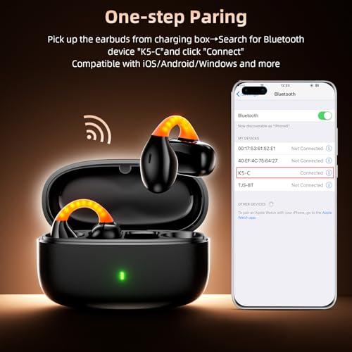 Open Ear Sport Earbuds, Clip on Bluetooth Headphones for Running Workout | Wireless Bone Conduction Earphones with Secure Fit Comfortable, Built-in Mic for Calls, Lightweight Headset for iPhone, Black