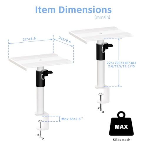suptek Clamp-on Speaker Stand Desk Mount Set, Height Adjustment, Swivel, 9.6 x 8.8 inch Trays, Universal Audio Holders for Computer and Bookshelf Speakers, Elevated Sound, 2 Pack, White, SDM001GW - color: White, size: Fixed Speaker Stands
