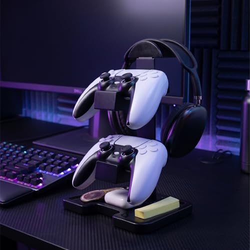 Gaming Equipment Headset Stand with Dual Controller Organizer Rack & Storage Base, Headphone Stand Gamer Gifts for Men Teenage Boy, Unique Gifts for Gamers to Organize Gaming Accessories (Black Wood)