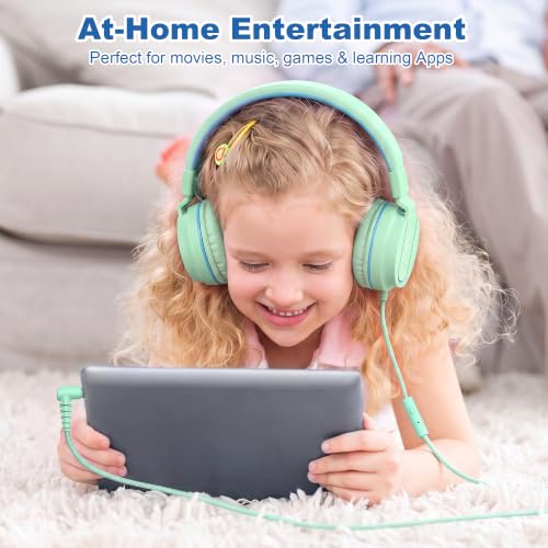 AILIHEN I35 Kids Headphones for School with Mic, 93dB Safe Volume, Green | Wired On Ear Headphones for Kids Girls, Foldable Lightweight Headphone for Classroom Learning & Entertainment Travel Computer - color: Aqua Green